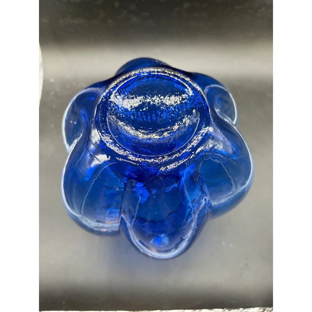Cobalt Blue Hand Blown Glass Vase Lobed Pumpkin Shape Ruffled Rim 6 Inch